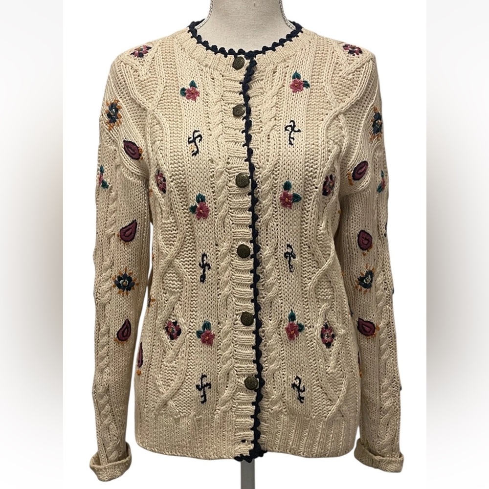 Vintage Woolrich Cream Cable Knit Embroidered Cardigan Cozy Cottagecore S-Ramie